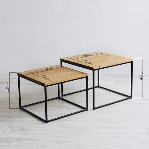 Set of 2 Smoked oak Side Table with Metal stand