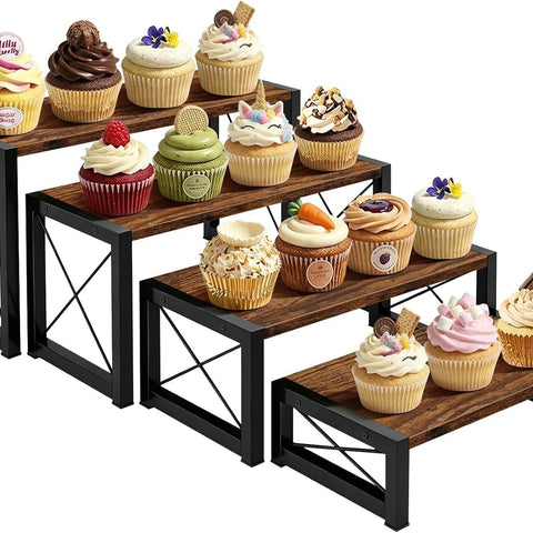 4-Tier Rustic Wooden Cupcake Display Stand – Metal Frame Dessert & Cake Riser Set - The Linen House