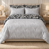 Luxury Light Grey 6-Piece 2-in-1 Duvet Set – Wave Jacquard & Printed Cotton Reverse