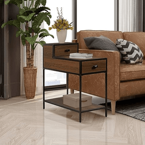 Table with Drawers ,Nightstand with Drawers and Shelf, Metal Frame End Table - The Linen House