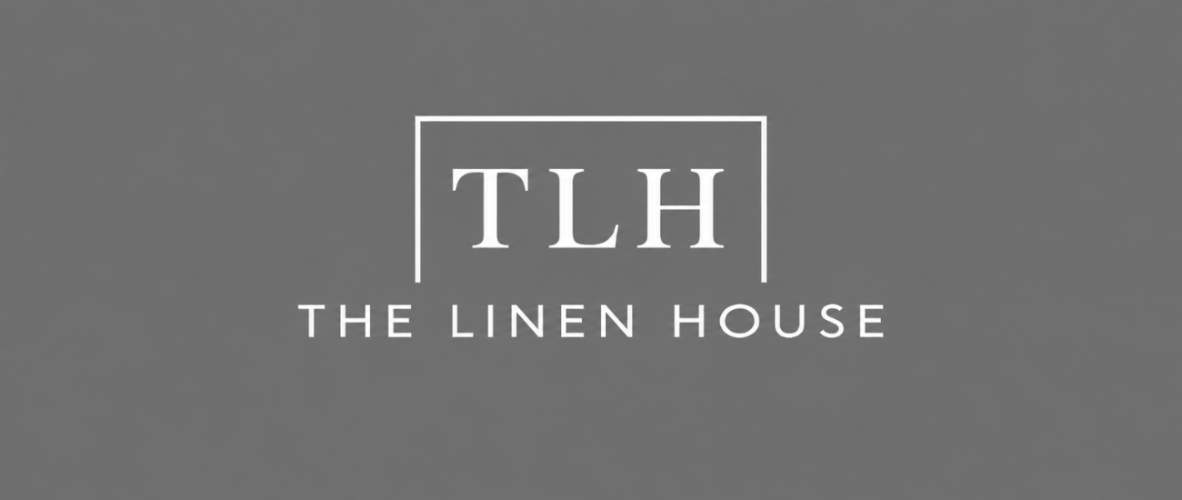 The Linen House logo in white text and line art centered on a solid gray background.