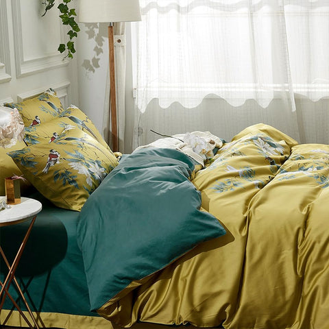 Yellow Chinoiserie Style Birds Flowers Printed Bedding Duvet Set