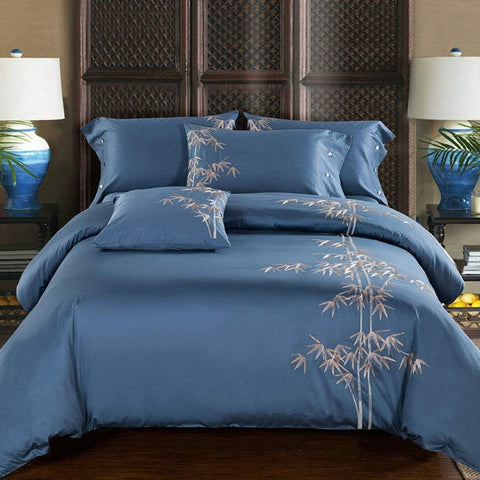 Luxury Blue Cotton Satin Embroidery Duvet Set - The Linen House
