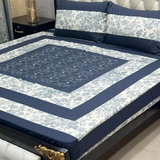 Embroidered Patch Work Bed Sheet (white with Blue Patch)