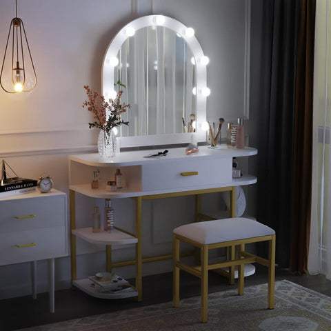 White Vanity Mirror with Lights and Table Set with Drawers,