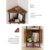 Wooden corner shelf with text on how to use corner spaces and its benefits.