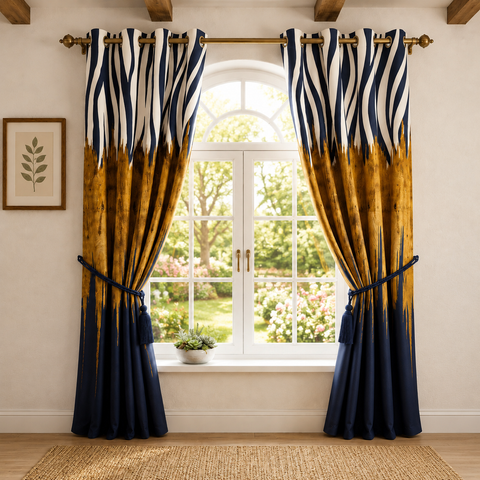 Premium Navy & Brown Wood Effect Curtains