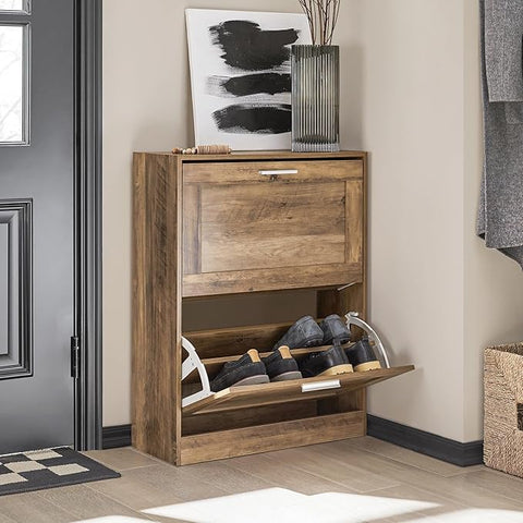 Space-Saving Shoe Cabinet with Dual Tilt-Out Compartments