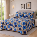 Elegant Beige & Royal Blue Floral Printed Bedspread