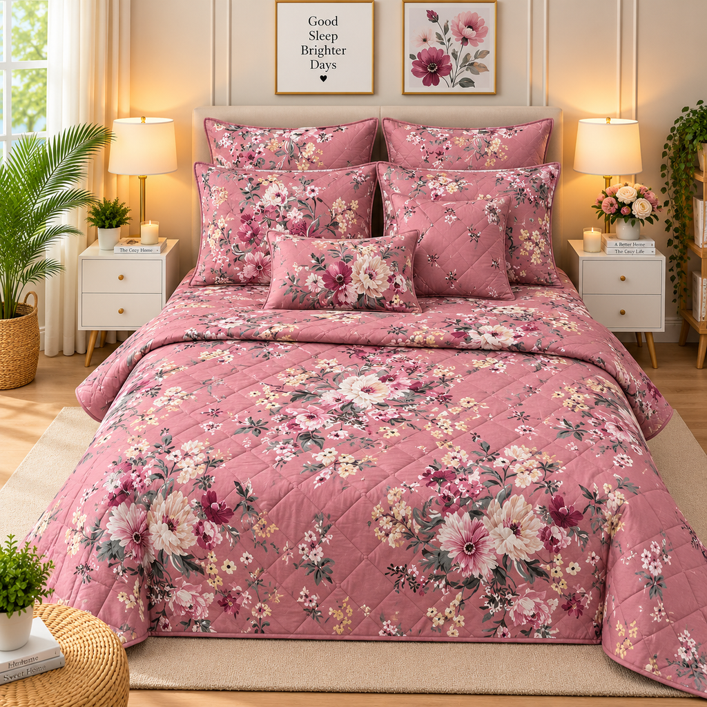 Luxury Dusty Rose Floral 7Pc Bedspread Set