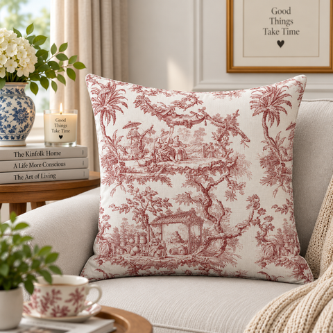 Red and White Classic Toile Decorative Cushion