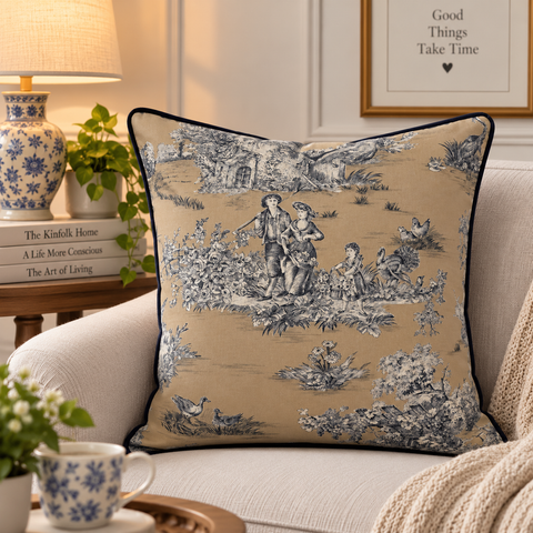 Beige Pastoral Scene Cushion Cover