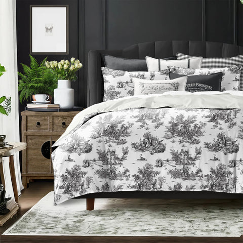 White with Black Printed Duvet Cover Set