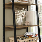 Bookshelf with wooden shelves, black metal frame, and decorative items including books and a vase.