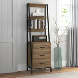 Tall wooden bookshelf with glass cabinet against a white wall