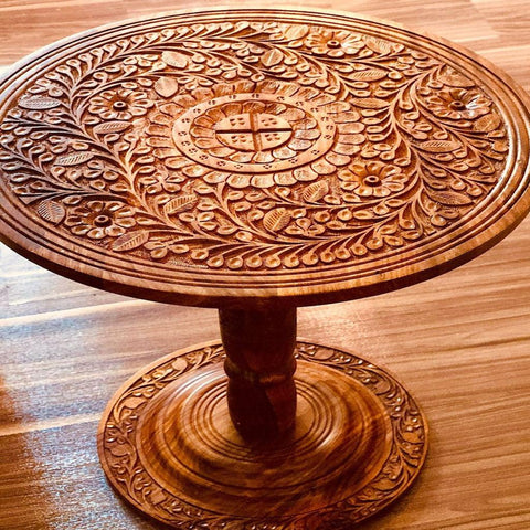 Wooden Round Coffee table Hand Carving - The Linen House