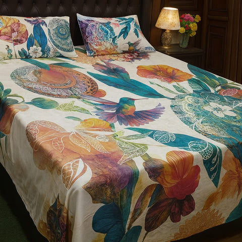 Tropical Bloom & Bird Printed Cotton Bed Sheet