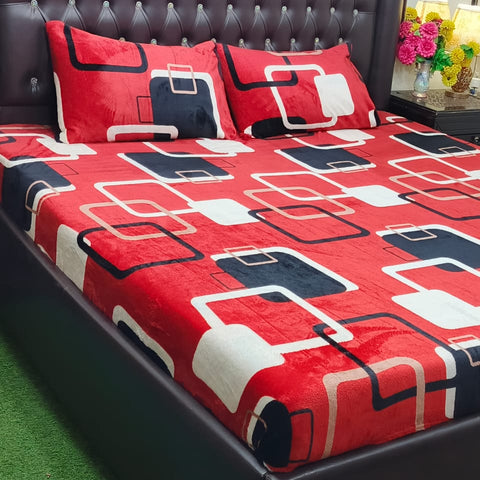 Red Fleece Bed Sheet  Set | Winter Soft | Geometric Print | Double Bed