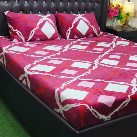 Luxury Fleece Bed Sheet | Winter Collection | Pink & White Pattern