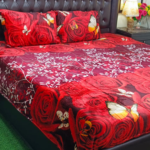 Red Rose & Butterfly Garden Print Fleece Bed Set