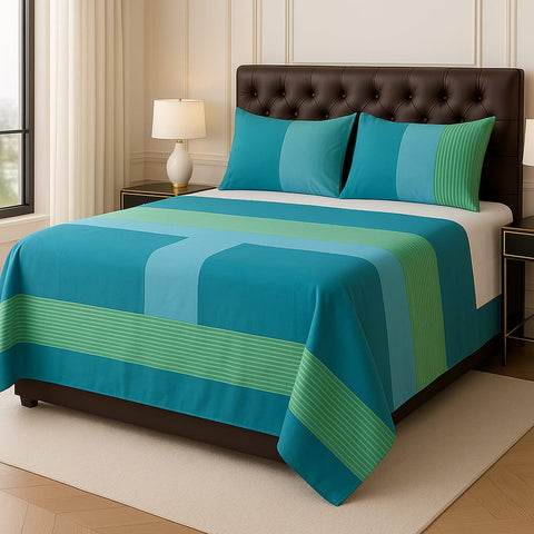 Teal & Green Modern Block Design Bedsheet 3 pcs