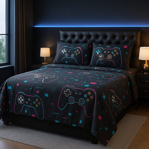Gamepad Neon Pattern Printed Bedsheet (3pcs)