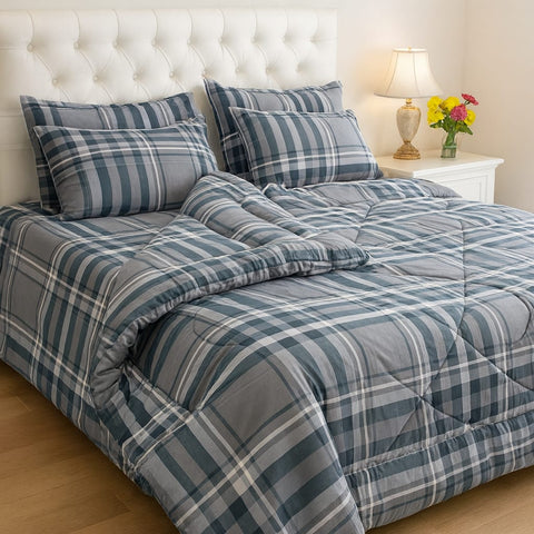 Luxury Blue Plaid Bedding Set – Warm Quilted Bed Set for Winter