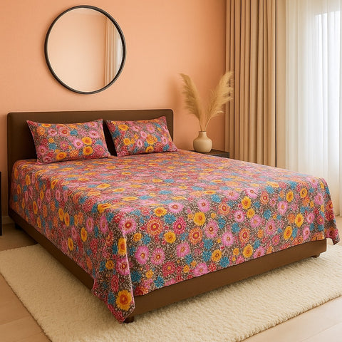 Pink Floral Printed Bedsheet 3 pcs