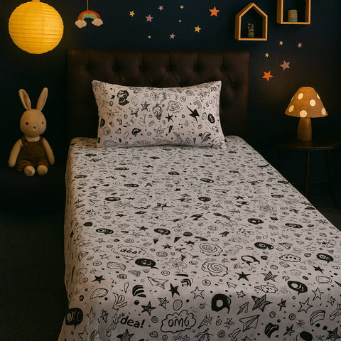 Fun Black & White Cartoon Doodle Kids Bedsheet