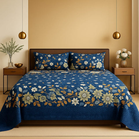 Floral Embroidery Blue Fleece Bed Sheet