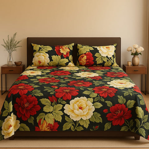 Vibrant Floral Black Fleece Bed Sheet