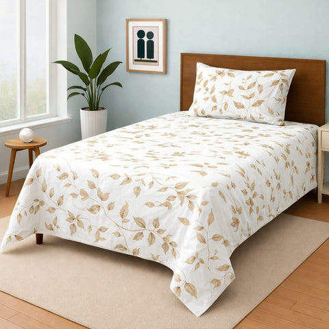 Elegant Leaf Print Bedsheet Set – White Base with Neutral Tones