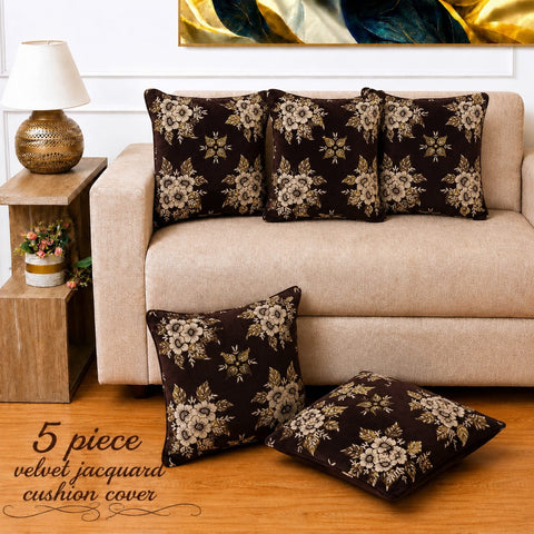 Brown Floral Jacquard Cushion Cover(Pack of 5)
