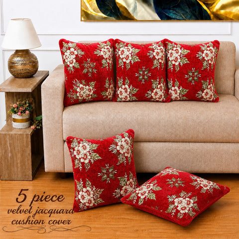 Classic Red Floral Velvet Cushion Cover(Pack of 5)