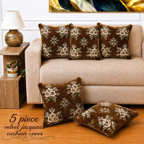 Classic Brown Floral Velvet Cushion Cover(Pack of 5)