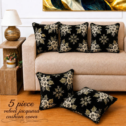 Classic Black Floral Velvet Cushion Cover(Pack of 5)