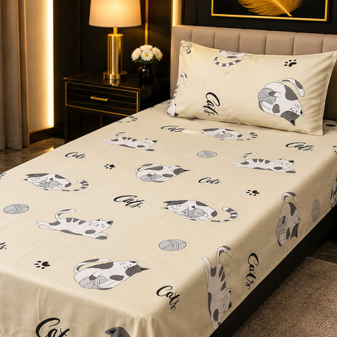 Beige Cat Print Kids Bedsheet