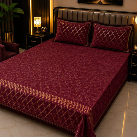 Maroon Luxury Geometric Border Velvet Bedsheet