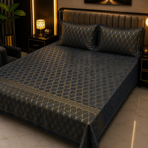 Navy Blue Luxury Geometric Velvet Bedsheet