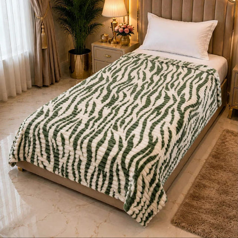 Green & White Zebra Single Fleece Blanket