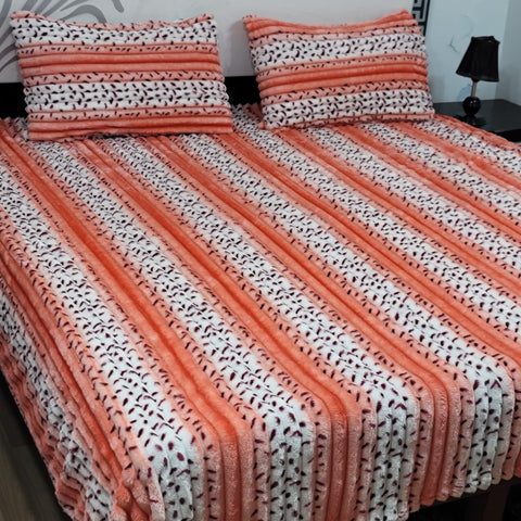 Elegant Peach Stripe Plush Fleece Bedsheet