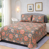 Grey & Coral Floral Printed Bedsheet Set (3pcs)