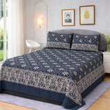Navy Blue Traditional Floral Printed Bedsheet Set (3pcs)