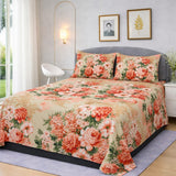 Peach Floral Garden Printed Bedsheet Set (3pcs)