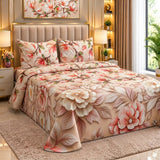 Luxury Peach Floral Printed Bed Sheet
