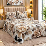 Luxury Beige Brown Floral Printed Bed Sheet