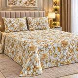 Premium White & Gold Floral  Printed Bed Sheet