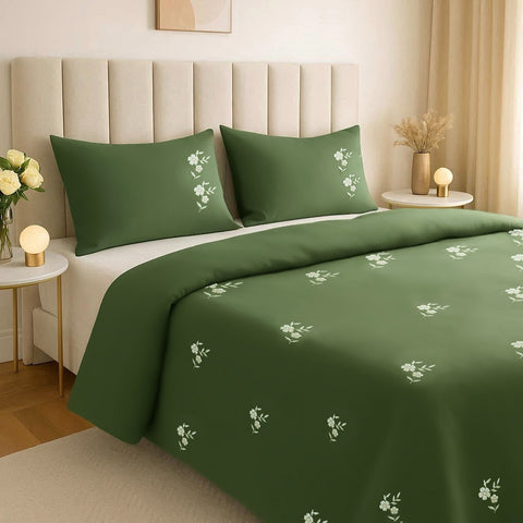Eucalyptus Green Floral Bedding Set | Elegant Embroidered Luxury Duvet Cover