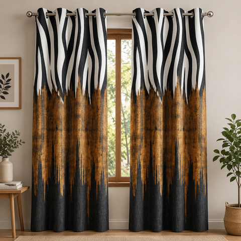 Modern Black Wood Grain Blackout Curtains