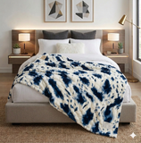 Luxury Reversible Faux Fur Throw Blanket – Navy Blue & Cream Tie-Dye Pattern
